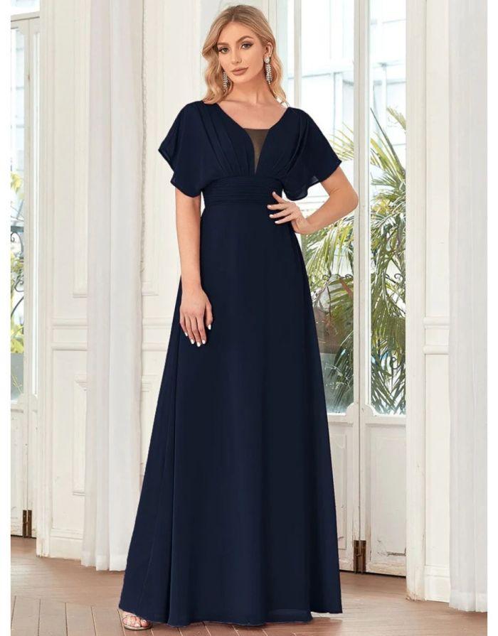 Vestido Azul Marinho Longo Decote em V Mangas com Babados
