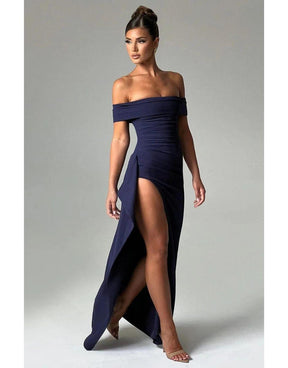 Vestido Azul Marinho Longo Off Ombro Fenda Alta
