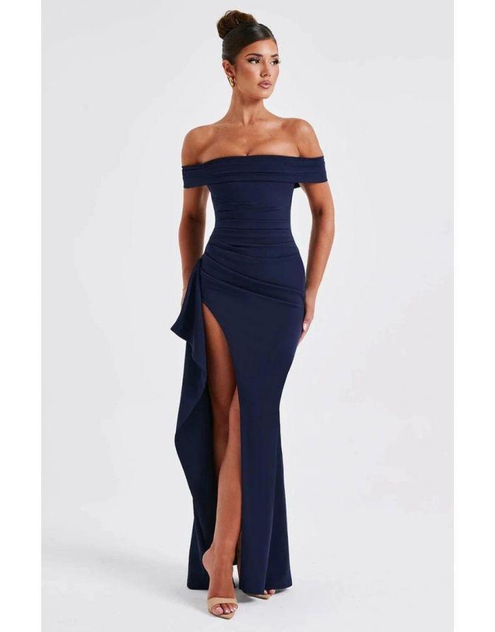 Vestido Azul Marinho Longo Off Ombro Fenda Alta
