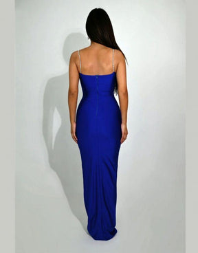 Vestido Azul Maxi Franzido com Alças Finas