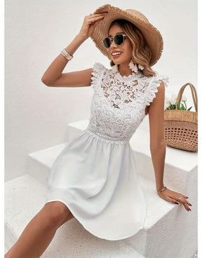 Vestido Branco De Renda Guipir Cintura Ilusória