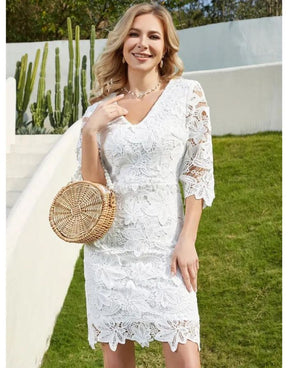 Vestido Branco De Renda Manga 3/4