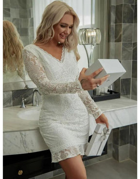 Vestido Branco Decote Em V De Renda Manga Longa
