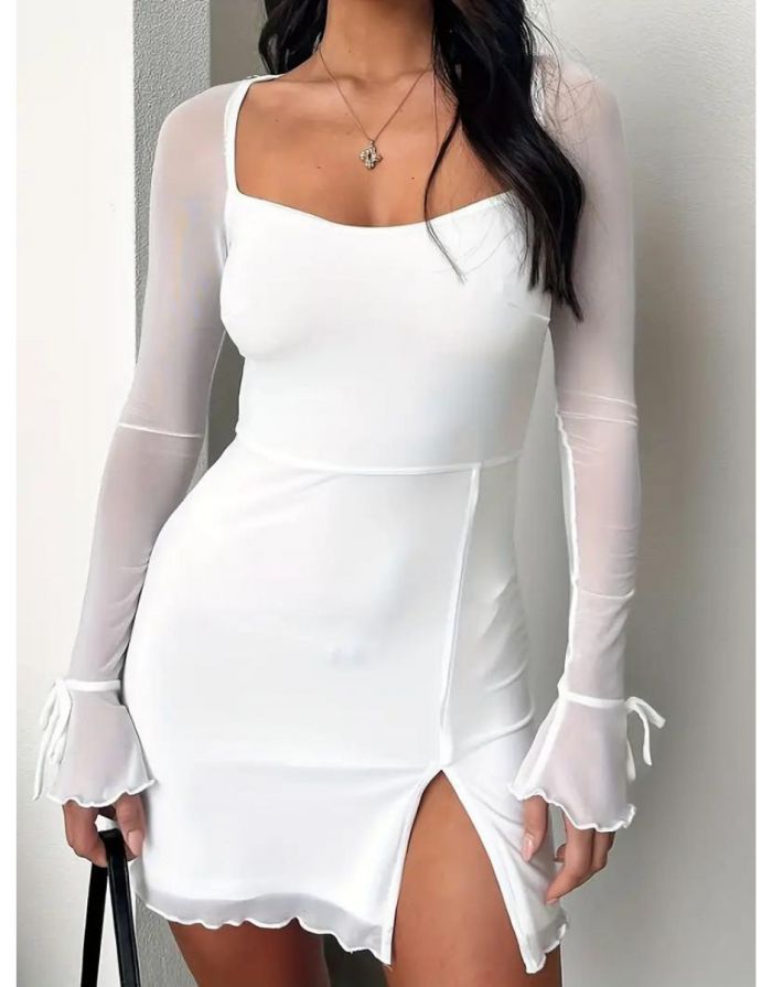 Vestido Branco Elegante Com Decote Quadrado