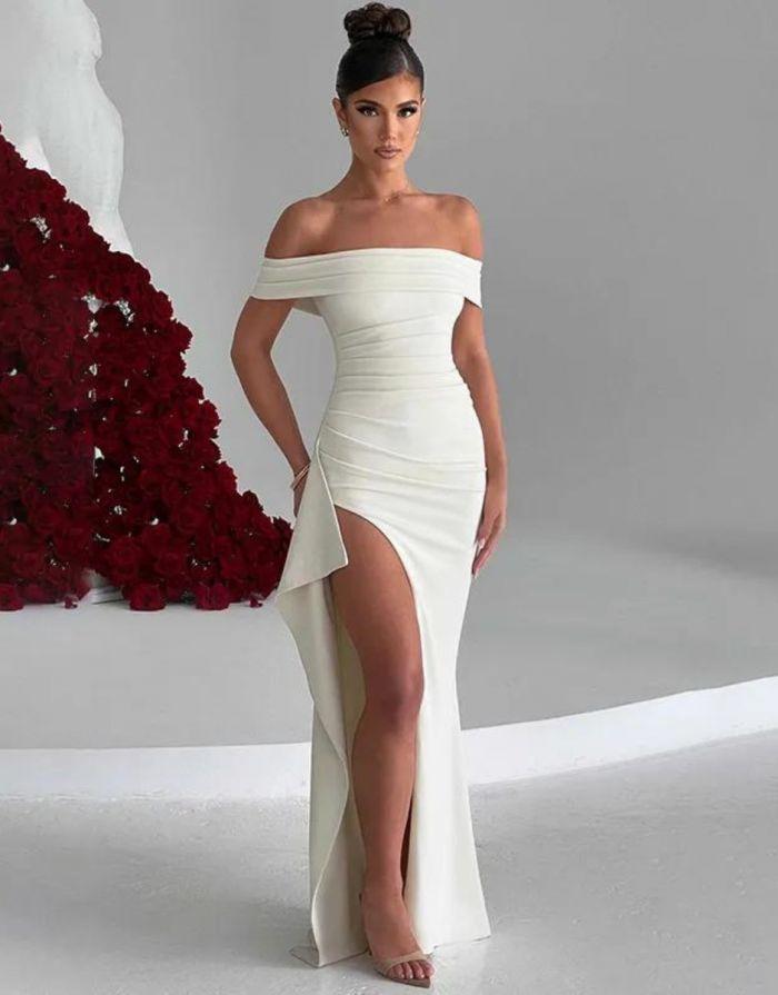 Vestido Branco Longo Off Ombro Fenda Alta
