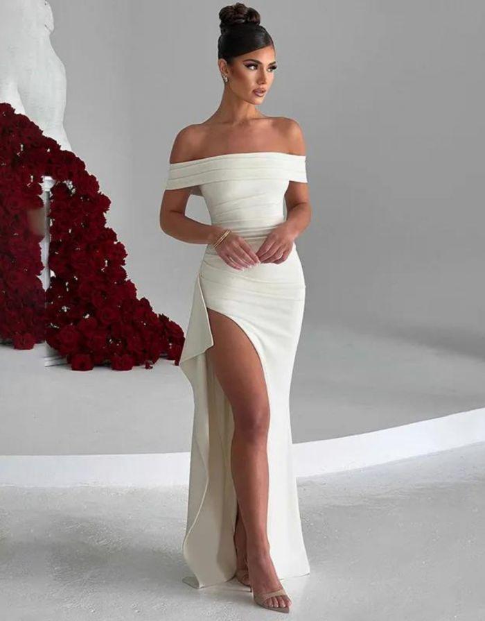 Vestido Branco Longo Off Ombro Fenda Alta