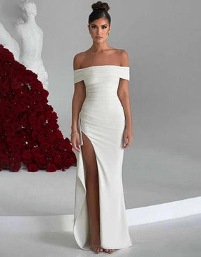 Vestido Branco Longo Off Ombro Fenda Alta