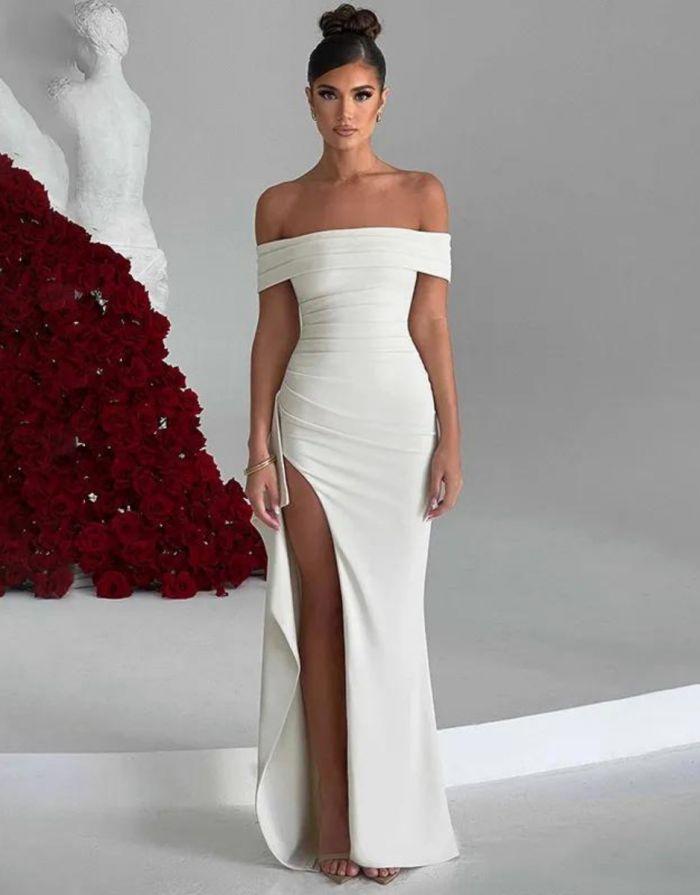 Vestido Branco Longo Off Ombro Fenda Alta