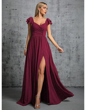 Vestido Fúcsia Longo Com Gola Ferradura Mangas Babados