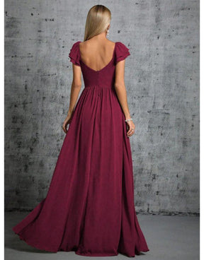 Vestido Fúcsia Longo Com Gola Ferradura Mangas Babados