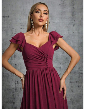 Vestido Fúcsia Longo Com Gola Ferradura Mangas Babados