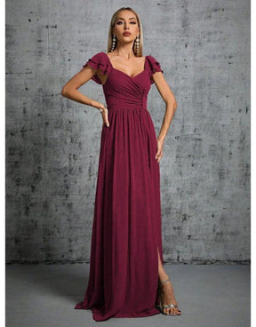 Vestido Fúcsia Longo Com Gola Ferradura Mangas Babados