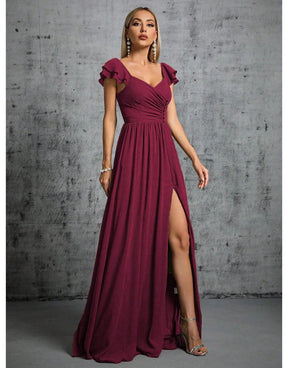 Vestido Fúcsia Longo Com Gola Ferradura Mangas Babados