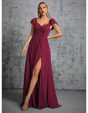 Vestido Fúcsia Longo Com Gola Ferradura Mangas Babados
