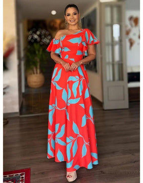 Vestido Longo de Ombro Inclinado Estampado Floral