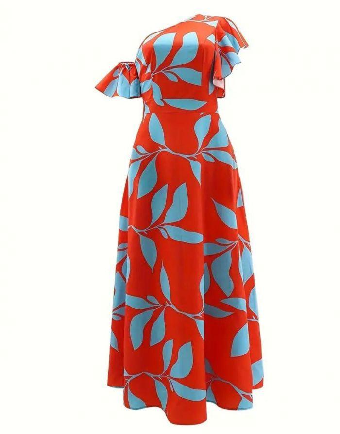 Vestido Longo de Ombro Inclinado Estampado Floral