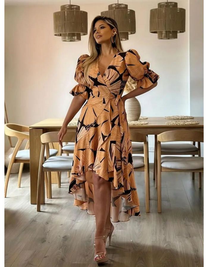 Vestido Midi Estampado Mangas Curtas Bufantes