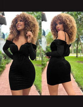 Vestido Preto Veludo Off Ombro Manga Longa
