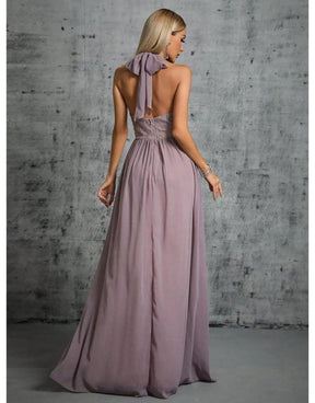 Vestido Rosa Longo Cinta Plissada V-Neck Chiffon