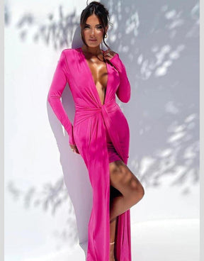 Vestido Rosa Longo Manga Longa Decote em V Profundo