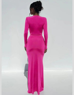 Vestido Rosa Longo Manga Longa Decote em V Profundo