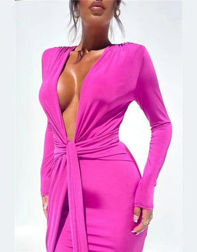 Vestido Rosa Longo Manga Longa Decote em V Profundo
