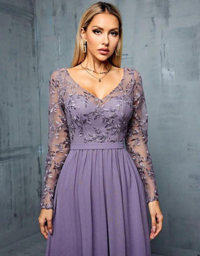 Vestido Roxo Longo Bordado Manga Longa
