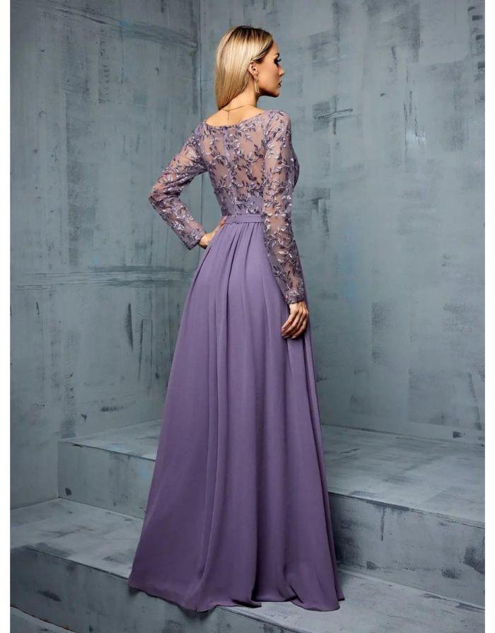 Vestido Roxo Longo Bordado Manga Longa