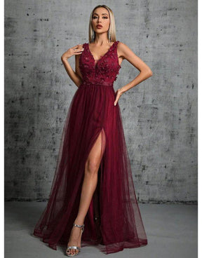 Vestido Rubi Longo De Fenda Bordada Com Decote Em V