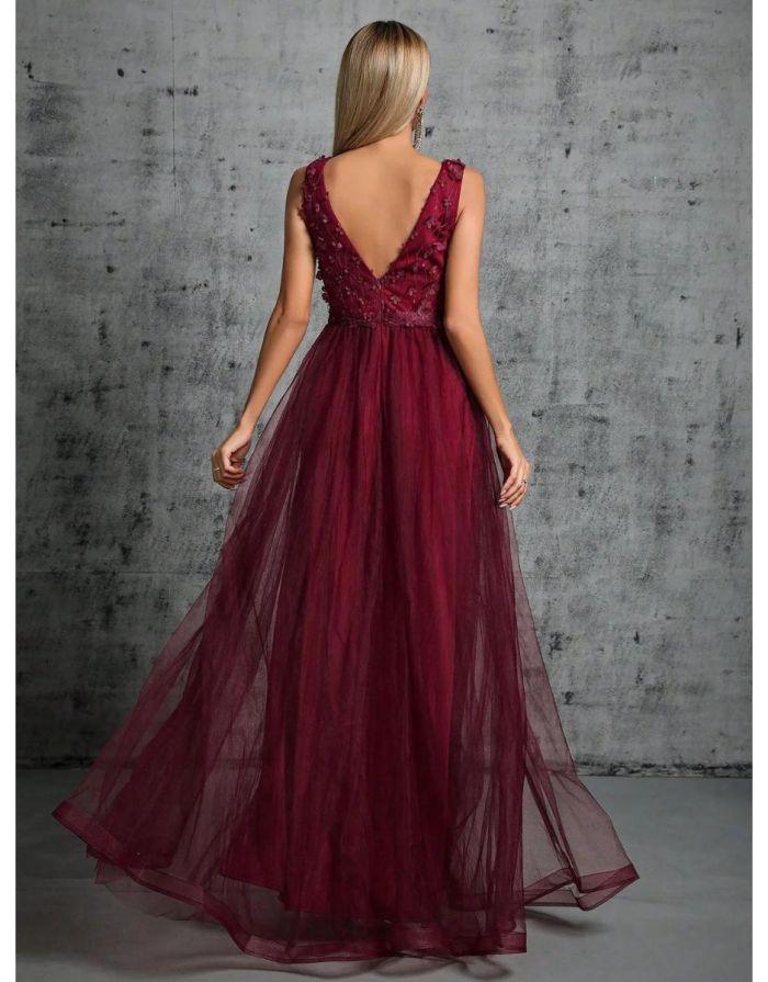 Vestido Rubi Longo De Fenda Bordada Com Decote Em V