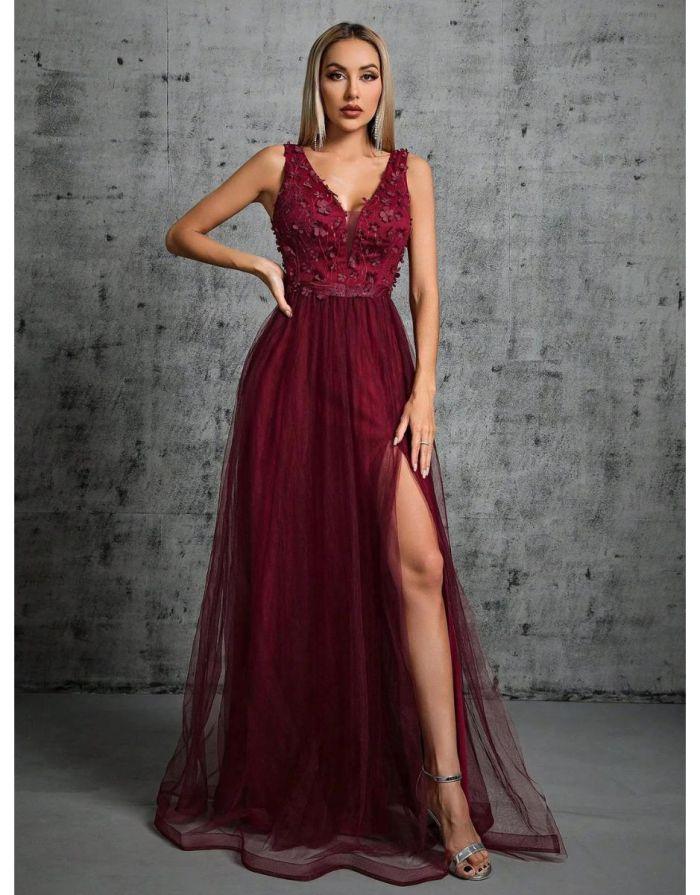 Vestido Rubi Longo De Fenda Bordada Com Decote Em V