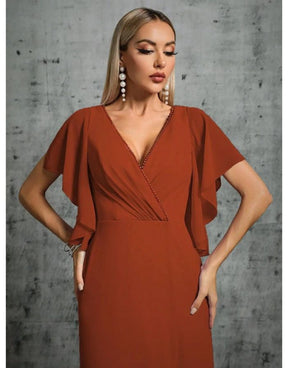 Vestido Terracota Longo Mangas Flare Fenda Frontal