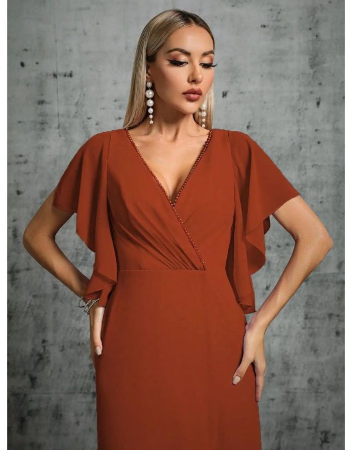 Vestido Terracota Longo Mangas Flare Fenda Frontal