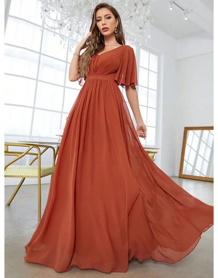 Vestido Terracota Longo Mangas Flare