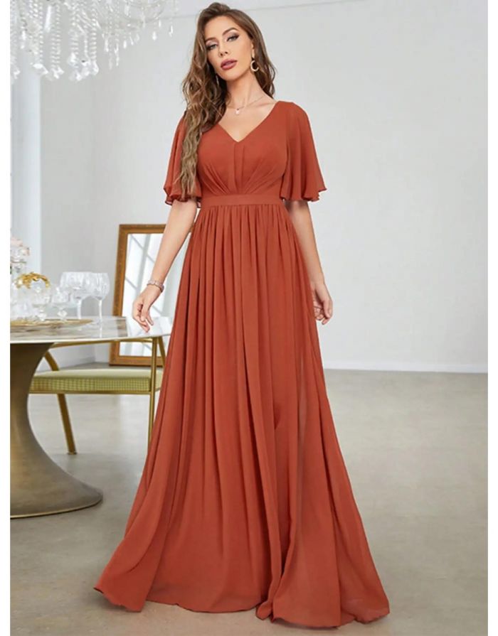 Vestido Terracota Longo Mangas Flare