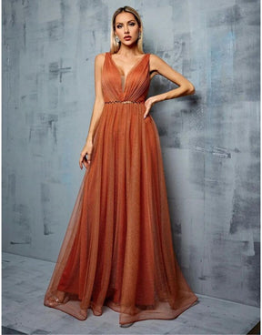 Vestido Terracota Longo Metal Sequin