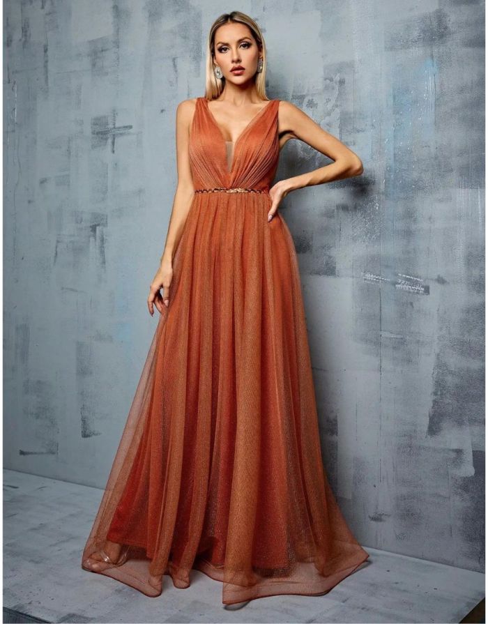 Vestido Terracota Longo Metal Sequin