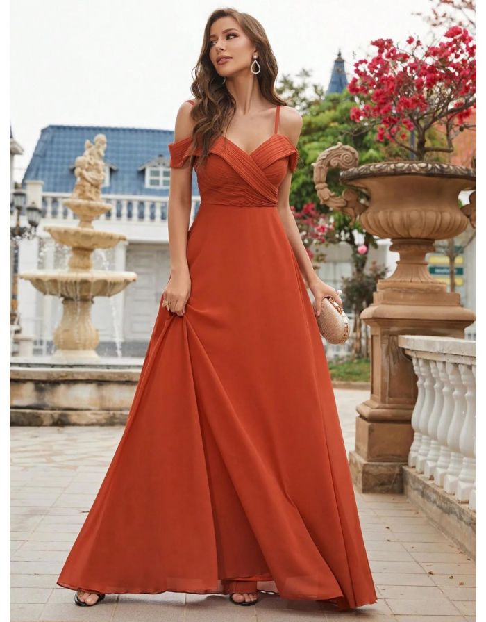 Vestido Terracota Longo Ombro Frio Chiffon