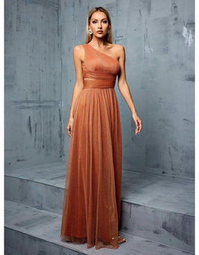 Vestido Terracota Longo Um Ombro Cintura Assimétrica