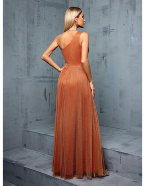 Vestido Terracota Longo Um Ombro Cintura Assimétrica