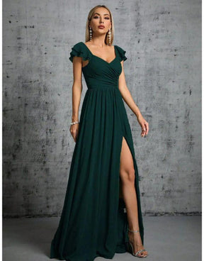Vestido Verde Escuro Longo Com Gola Ferradura Mangas Babados