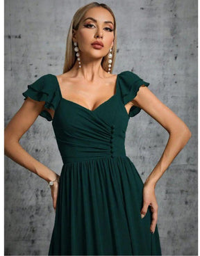 Vestido Verde Escuro Longo Com Gola Ferradura Mangas Babados