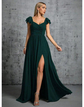 Vestido Verde Escuro Longo Com Gola Ferradura Mangas Babados