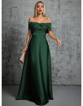 Vestido Verde Escuro Longo De Cetim Plissado Gola De Linha