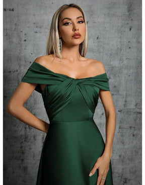 Vestido Verde Escuro Longo De Cetim Plissado Gola De Linha