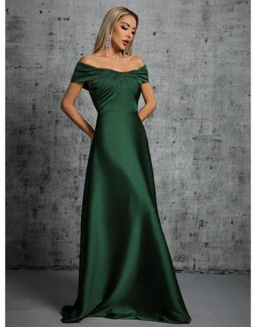 Vestido Verde Escuro Longo De Cetim Plissado Gola De Linha
