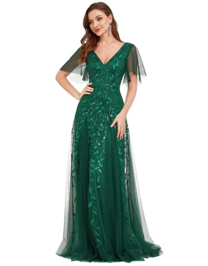Vestido Verde Escuro Longo Romântico com Decote em V Mangas Babado
