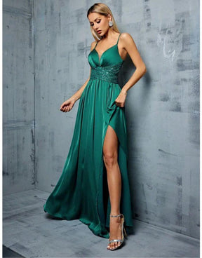 Vestido Verde Esmeralda Longo Deep V Cruz Lantejoulas