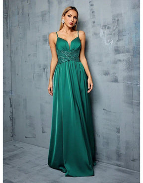 Vestido Verde Esmeralda Longo Deep V Cruz Lantejoulas