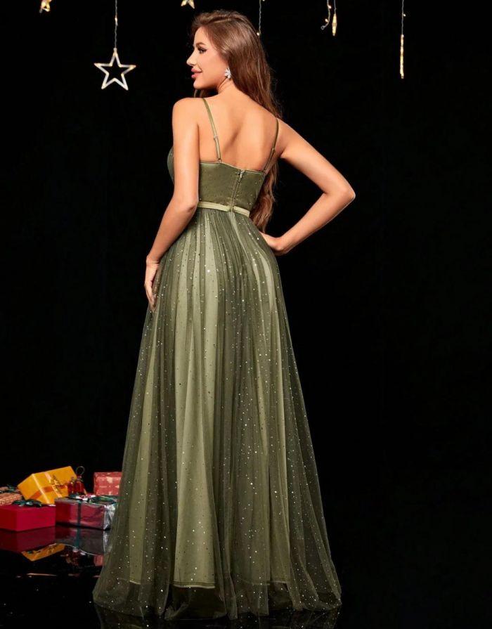 Vestido Verde Exército Longo Lantejoula De Prata